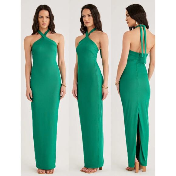 Rumer Sleeveless Crossover Halter Strap Ribbed Lotte Maxi Dress Green Women's XS